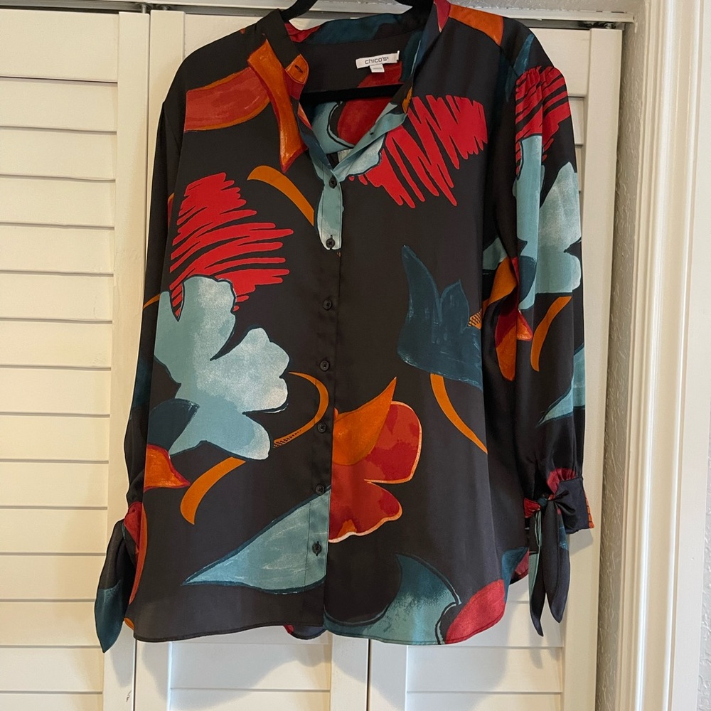Chico's Black Button-Front Blouse with Teal, Red and Orange Floral Print